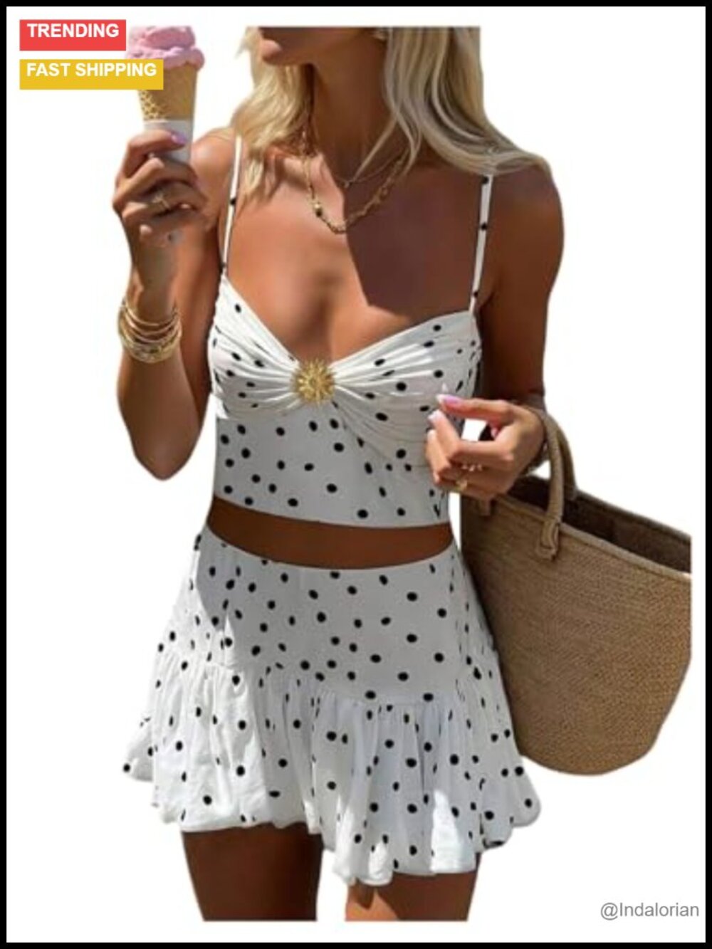 Women's 2 Piece Polka Dot Skirt Set Crop Cami & Mini Skirt, Ruched Bust,
